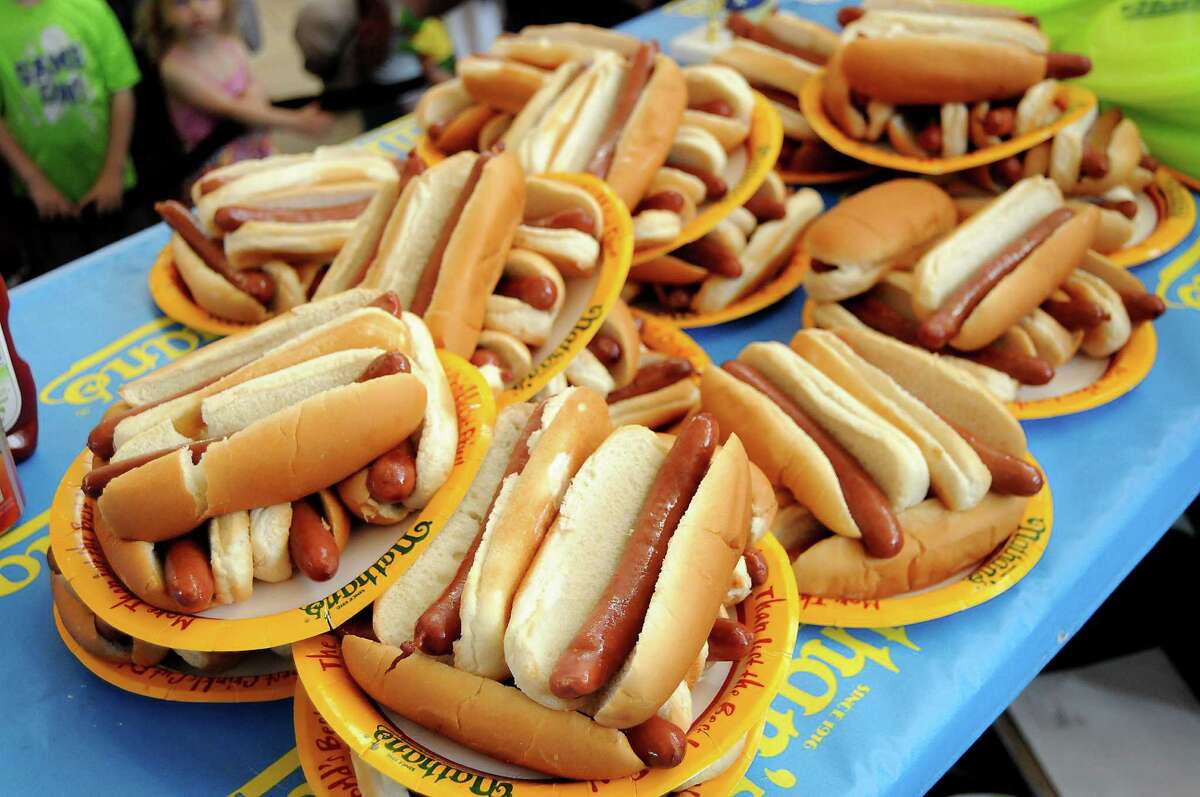 A pile of hot dogs at the Nathan's Famous Hot Dog Eating Contest regional qualifier at Memorial City Mall Saturday May 03, 2014.(Dave Rossman photo)