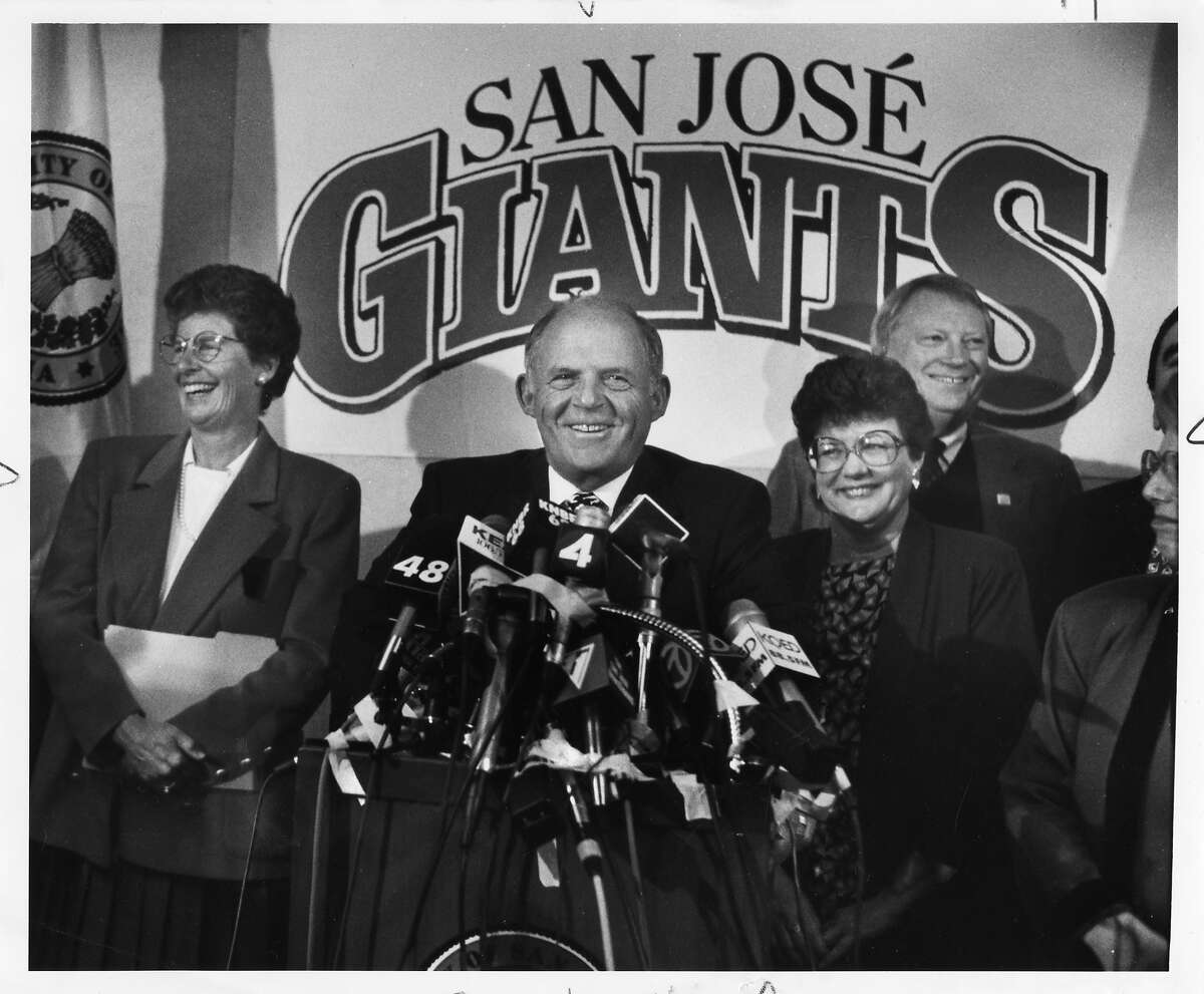 Bob Lurie, owner of the Giants, gives a press conference discussing a possible move to San Jose by 1996 on January 15, 1991. To his left is Mayor of San Jose, Susan Hammer. To Lurie's right, city councilman, Joe Head.