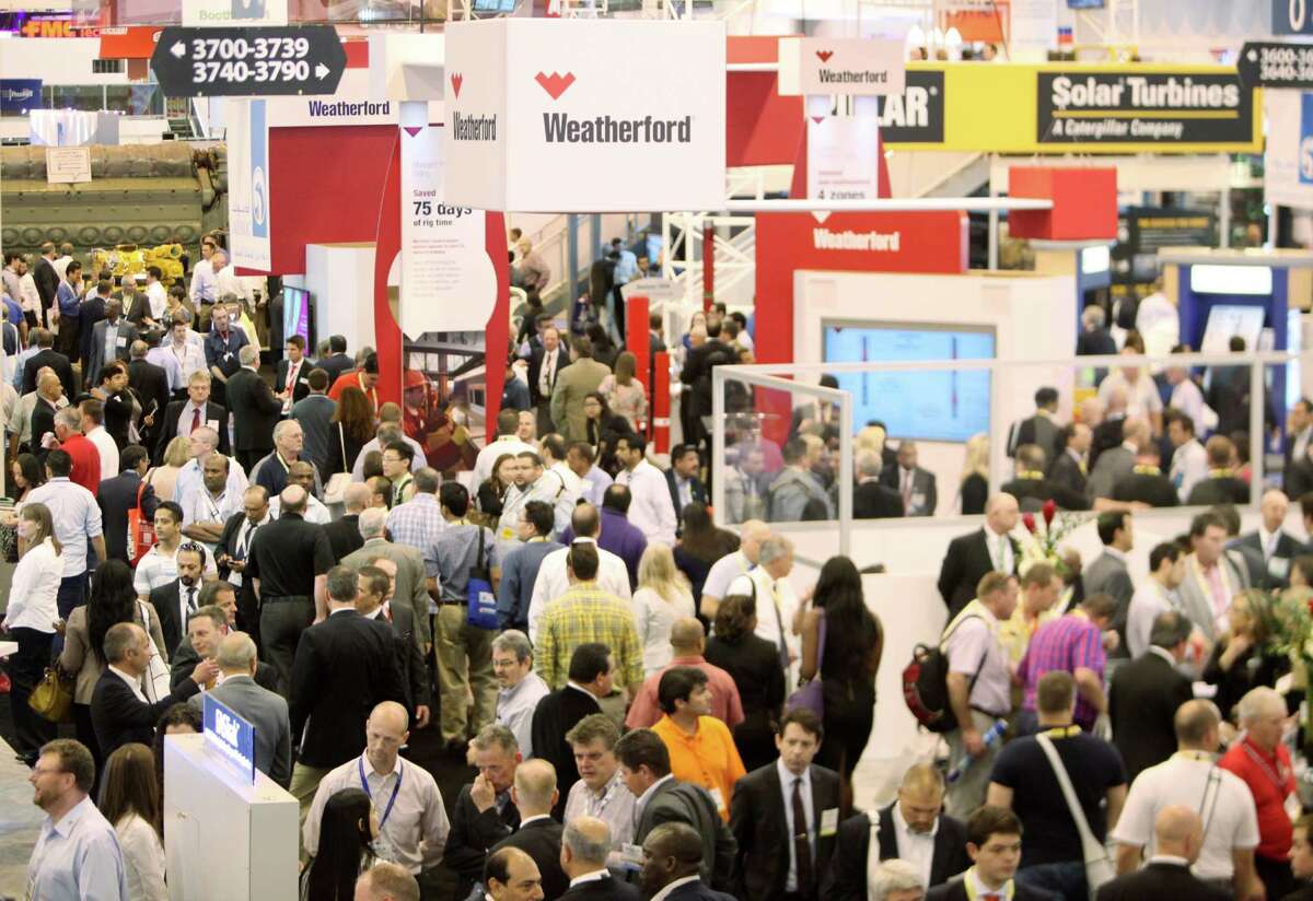 Heavy traffic on the sprawling exhibition floor of the 2014 Offshore Technology Conference at NRG Park was heavily trafficked by people seeking sessions such as "Thick Clad Pipe with Upset Ends for Browes Project."