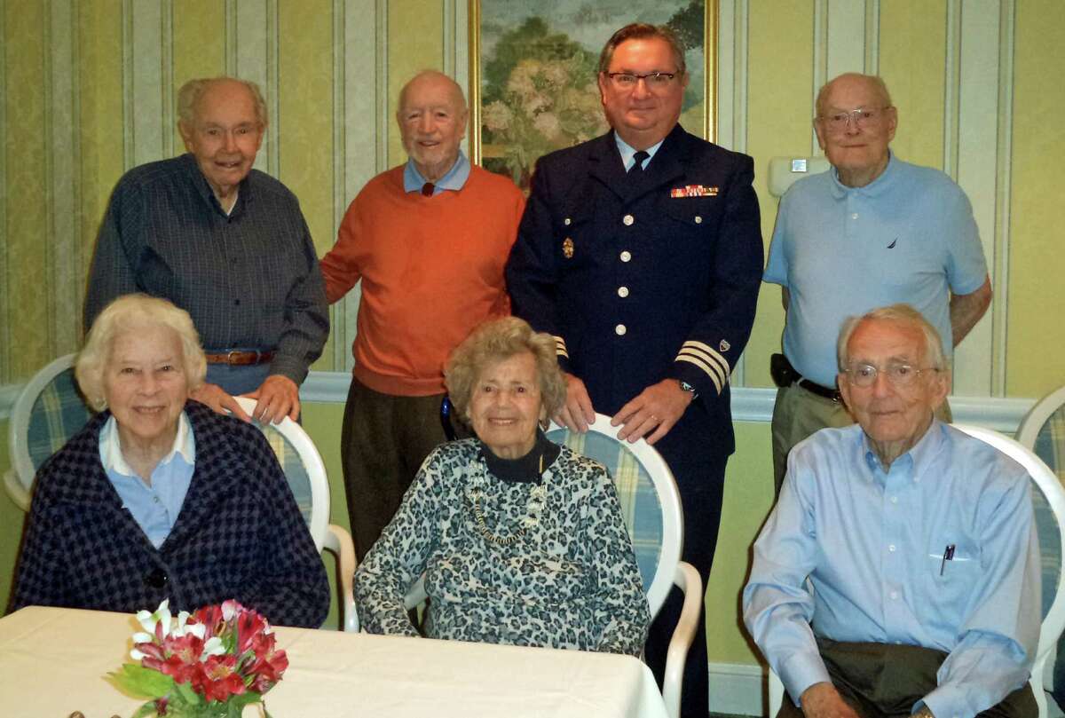 The Atria Darien Veterans Group recently hosted Darien resident Louis J. DiGiusto for a conversation on his experiences as the district staff officer of the U.S. Coast Guard Auxiliary on the commodore's staff. The group has breakfast meetings on the second Thursday of each month featuring representatives of the armed forces. Standing from left, Ed Clarke, George Walsh, Louis J. DiGiusto and John Geoghegan. Seated from left, Sis Henderson, Joan Tweedy and John Boland.