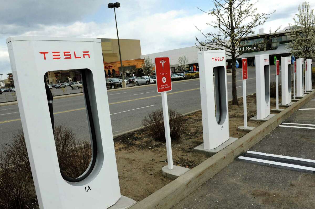 Tesla electric car power centers on Tuesday, May 6, 2014, at Colonie Center in Colonie, N.Y. (Cindy Schultz / Times Union)