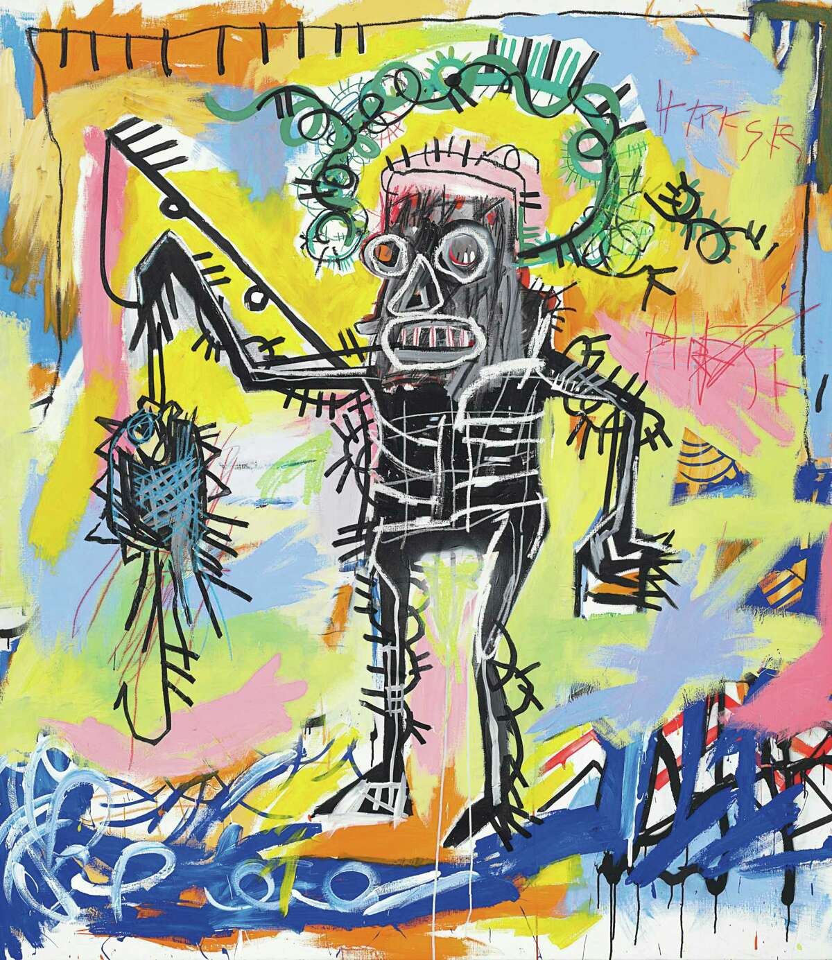 This undated photo provided by Christie's shows Jean-Michel Basquiat's "Untitled 1981". Christie's auction house says the colorful acrylic and oilstick canvas could set a new record for the graffiti artist when it's offered in the fall. The current record is $20.1 million. "Untitled 1981" is an important early work by the artist, who died at age 27. It goes on sale Nov. 14. (AP Photo/Christie's)