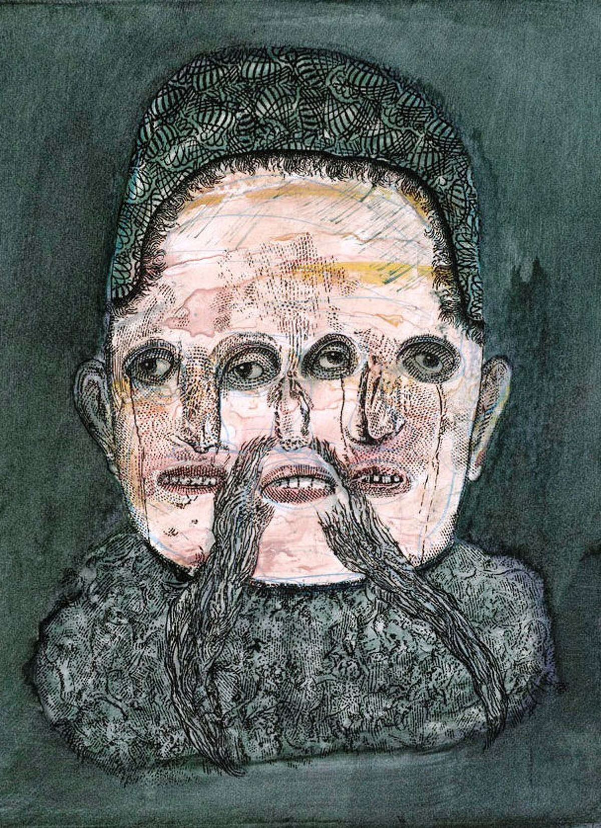 The impartial, three-faced “Judge Tibor” is part of Dennis Olsen's “village” of “Flash Fictions” on view at REM Gallery.