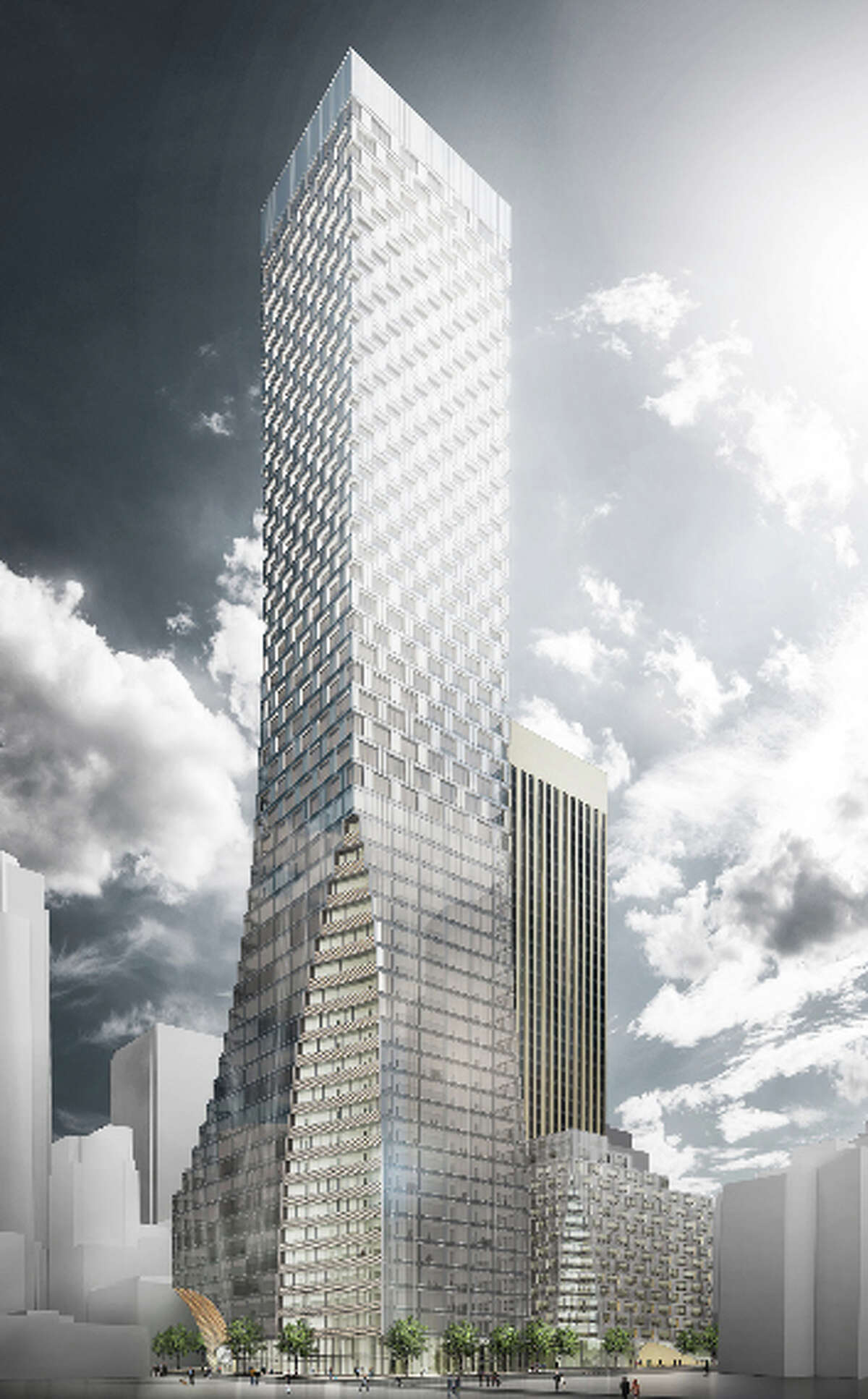The concept design for redevelopment of the Rainier Square site, beside the existing Rainier Tower, is shown at the corner of Fourth Avenue and Union Street in this artist's depiction.