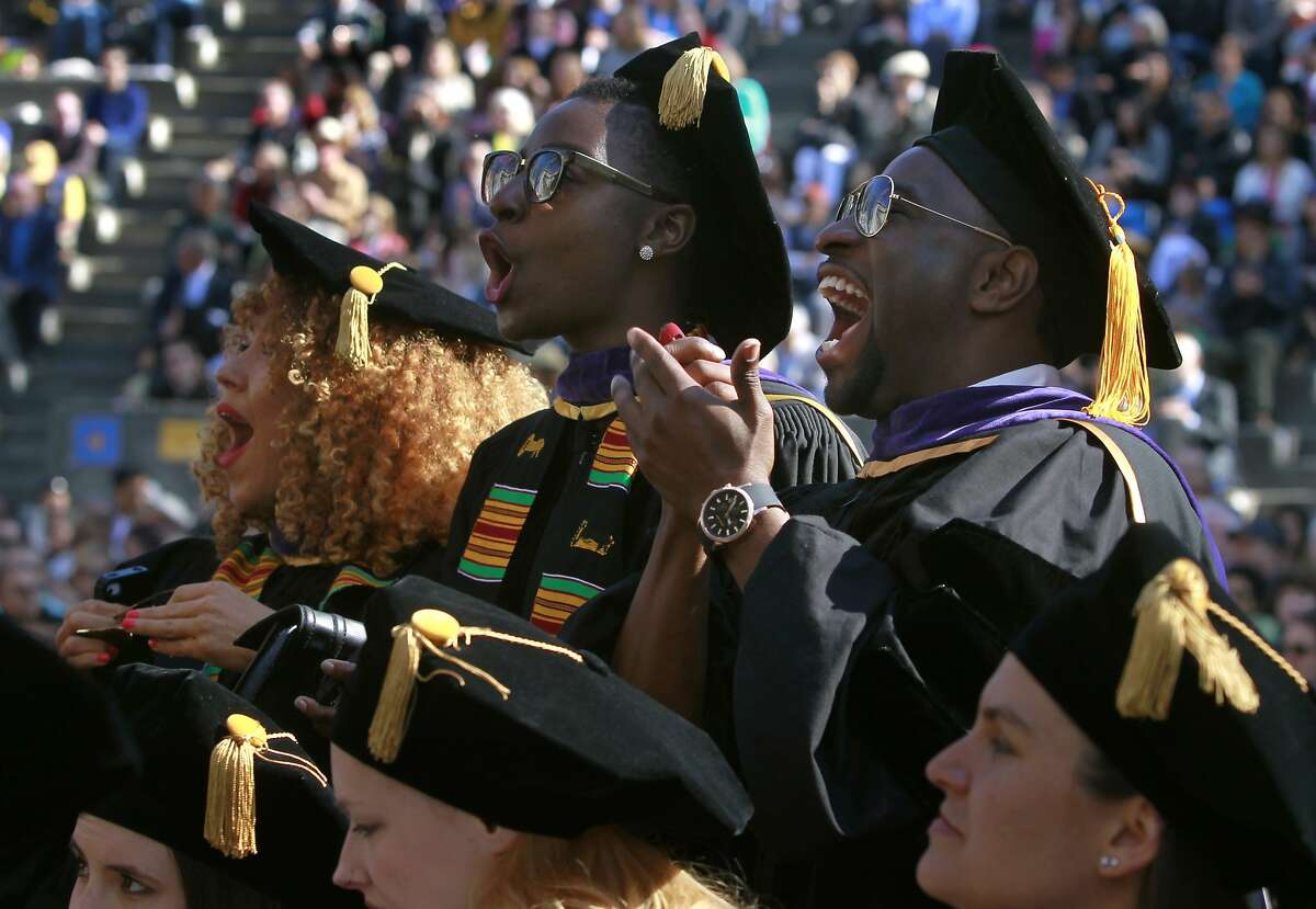 UC Berkeley Law School graduates cheer before attorneys David Boies and Ted Olson are introduced as guest speakers of the commencement ceremony at the Greek Theatre in Berkeley, Calif. on Saturday, May 10, 2014. Boies and Olson successfully argued the case against Prop. 8, which was overturned by the U.S. Supreme Court.