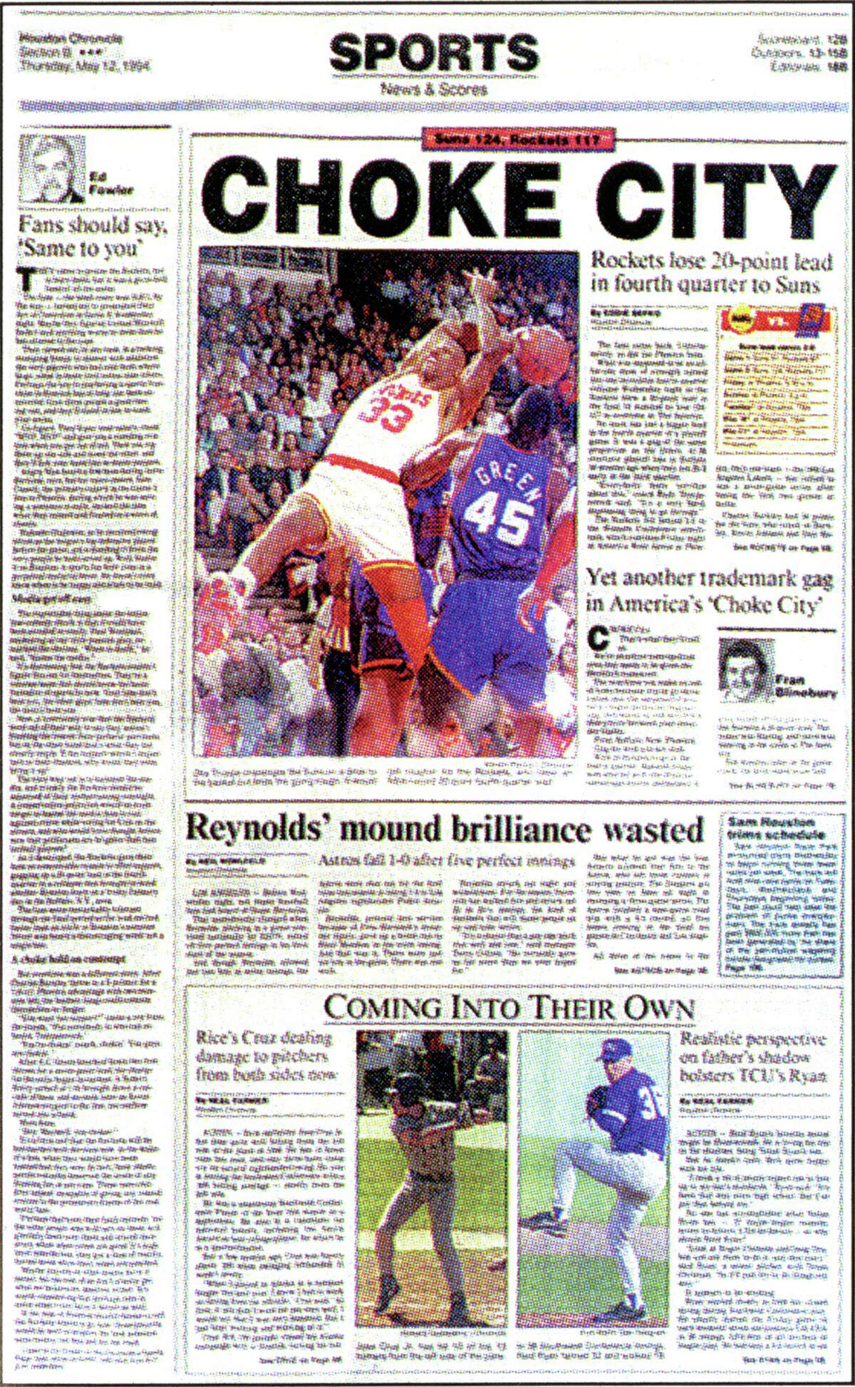 The Chronicle's Sports cover on May 12, 1994, blared "Choke City" after the Rockets blew a 20-point lead in Game 2.