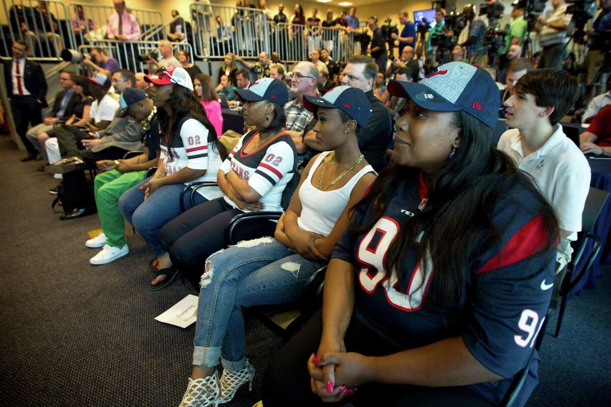 Josenna Clowney, mother of Texans No. 1 draft pick Jadeveon Clowney, looks on proudly from the front row during her son's news conference Friday.