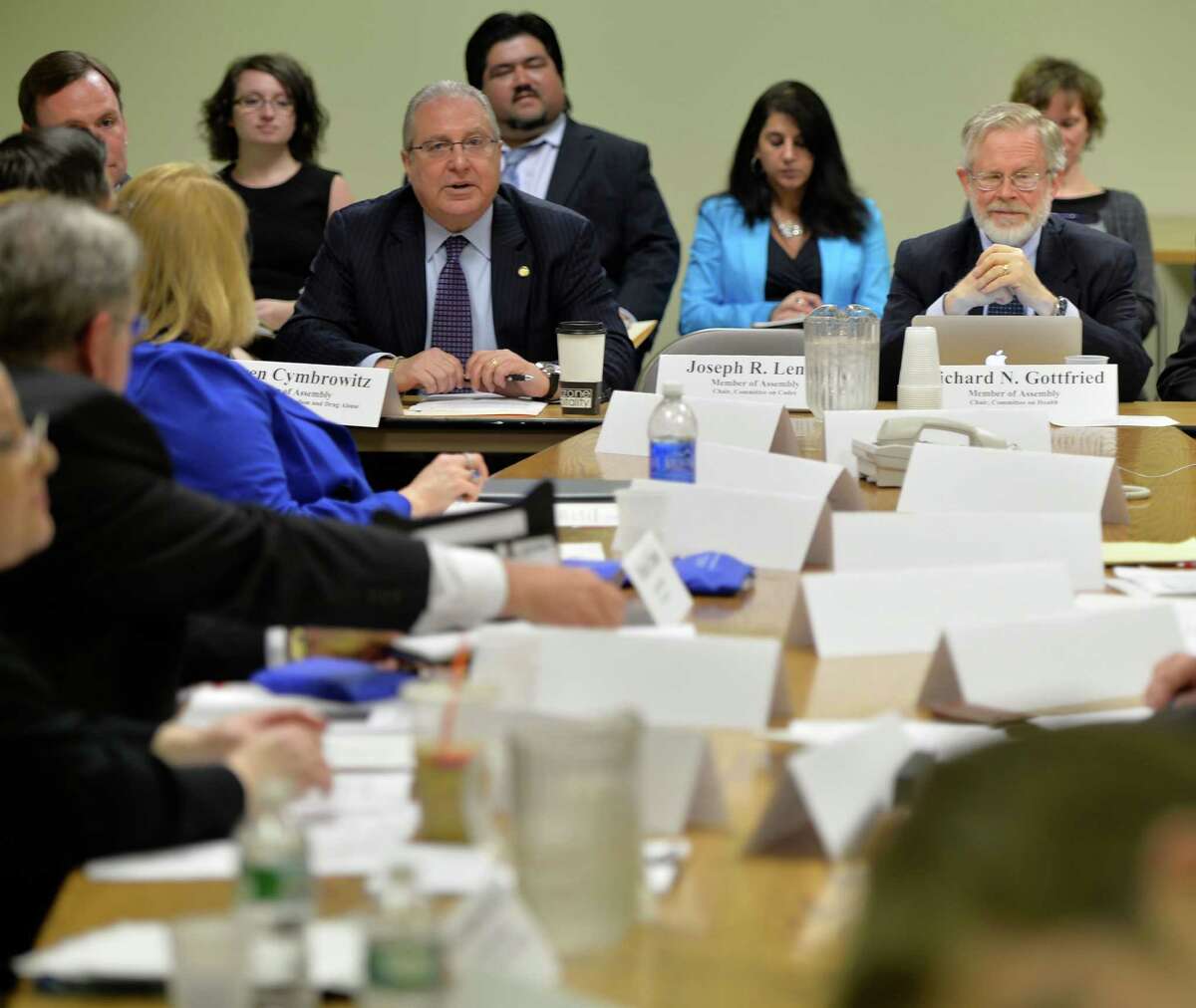Alcoholism and Drug Abuse Committee Chair Steven Cymbrowitz, left, Health Committee Chair Richard N. Gottfried, right, take part in a New York State Assembly roundtable discussions on an opiate and heroin use crises within the state Monday morning, May 12, 2014, at the Legislative Office Building in Albany, N.Y. (Skip Dickstein / Times Union)