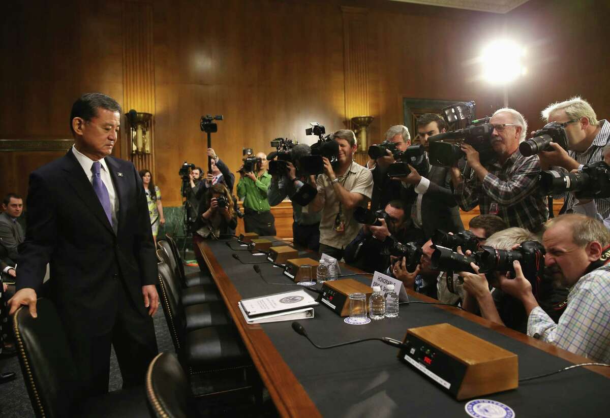 Veterans Affairs Secretary Eric Shinseki arrives at a Senate Veterans' Affairs Committee hearing focusing on wait times veterans face to get medical care. The American Legion called Monday for Shinseki's resignation.