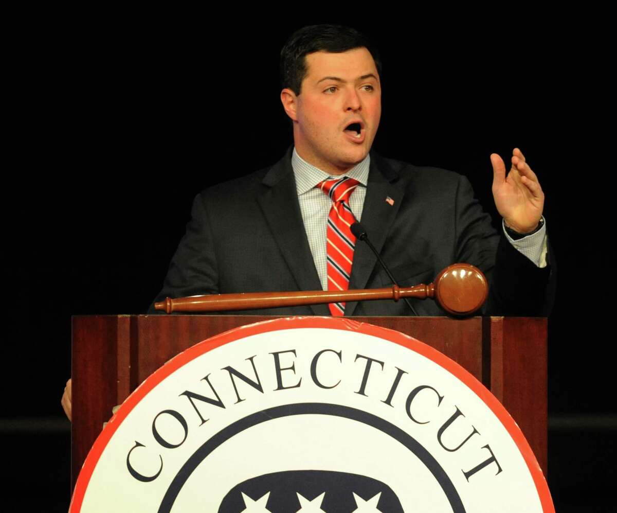 Tim Herbst speaks after being selected as the Republican State Treasurer candidate at the Connecticut Republican Convention at the Mohegan Sun Uncas Ballroom in Uncasville, Conn. Saturday, May 17, 2014. Herbst, currently the First Selectman of Trumbull, beat candidate Bob Eick and will face incumbent Democrat Treasurer Denise Nappier.