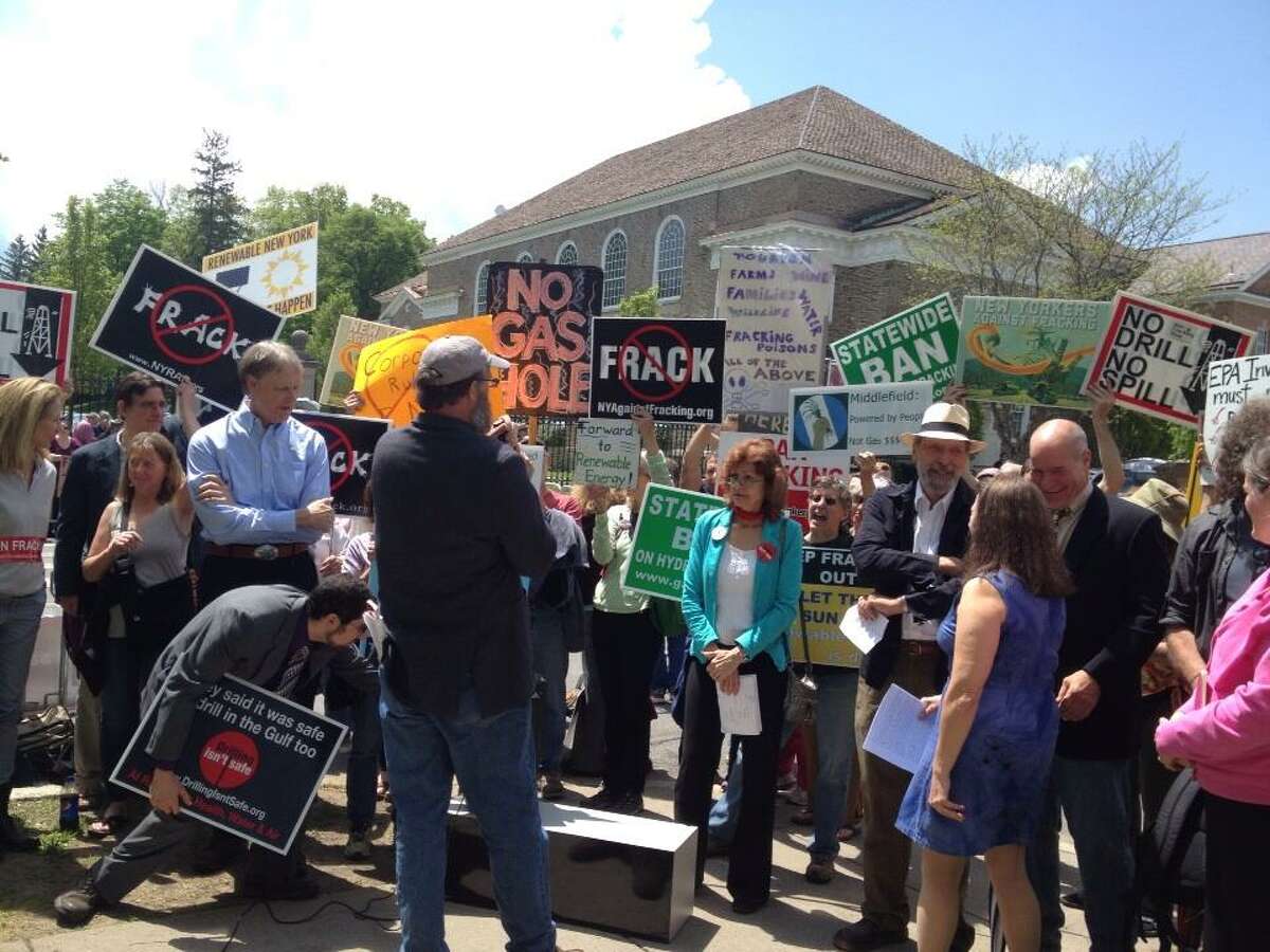 About 100 anti-fracking protesters are in Cooperstown for President Barack Obama's visit. (Pete Iorizzo/Times Union)