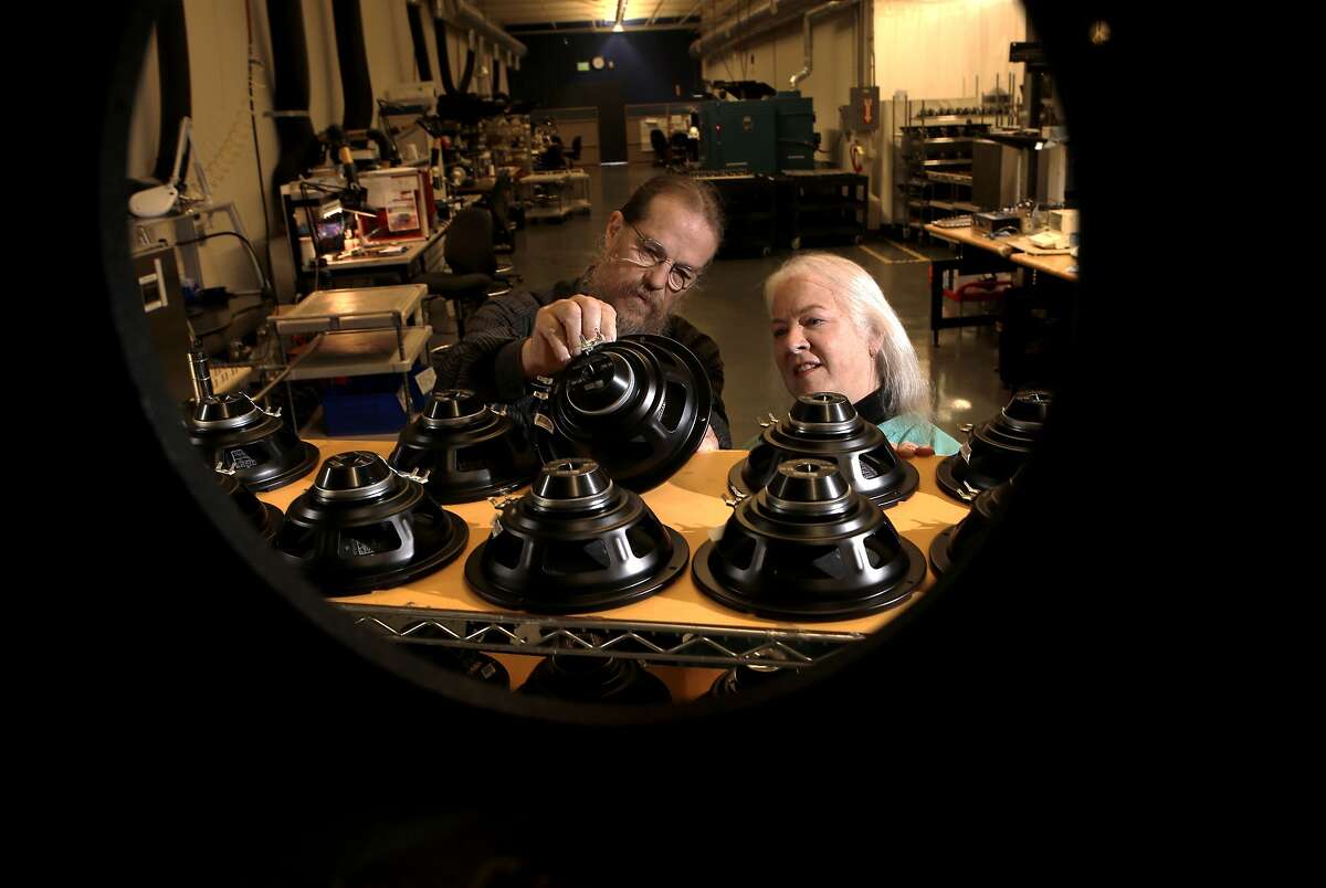 Owners John and Helen Meyer, inside the Phoebe High Driver Assembly department with speakers drivers and diaphragms, at the company headquarters for Meyer Sound Laboratories in Berkeley, Calif., on Thursday May 22, 2014. Meyer Sound Laboratories is a provider of high-quality, professional sound systems, used by Broadway shows and musicals, Cirque du Soleil productions and other major events.