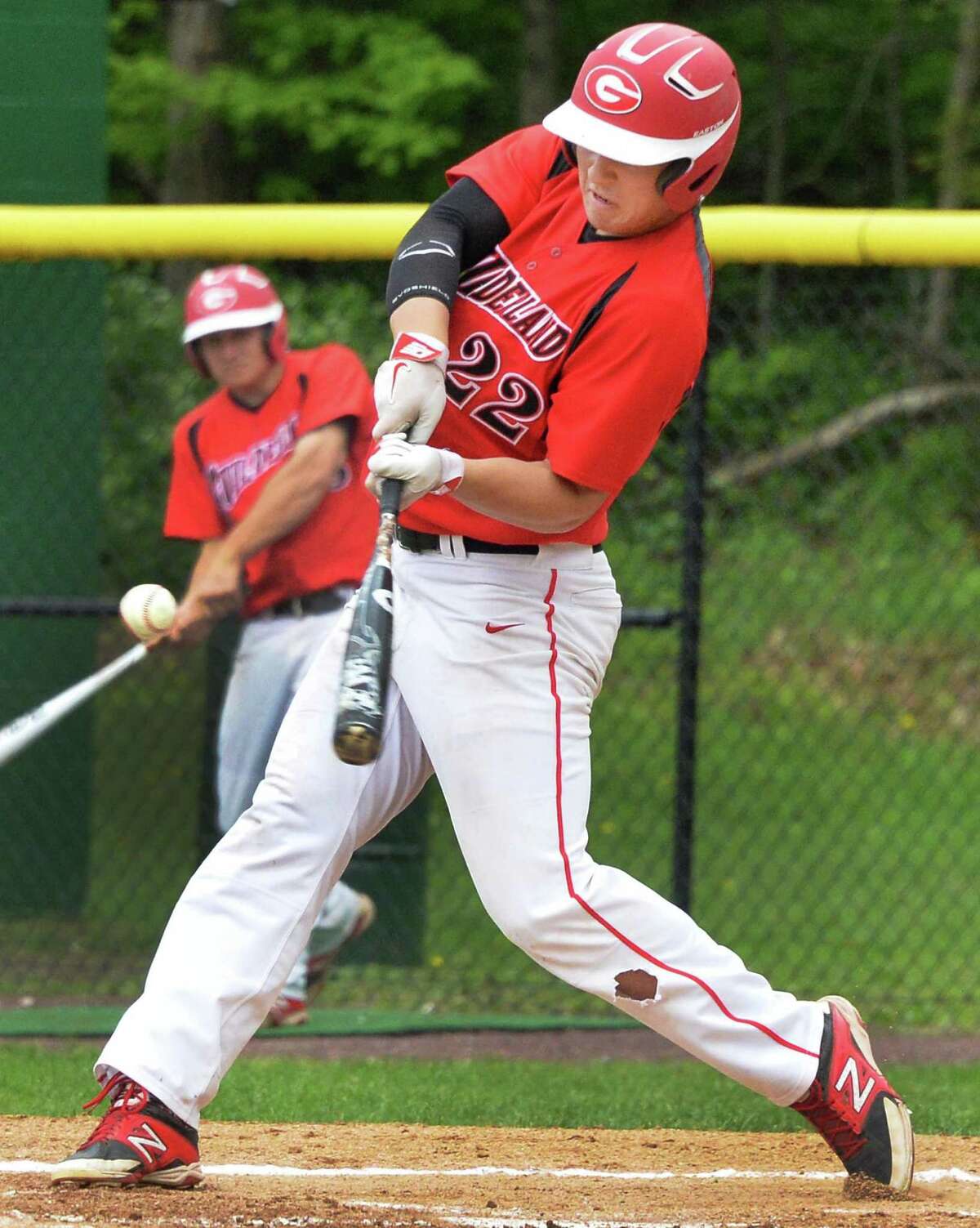 Guilderland's #22 Zach Formica hits a home run against Shen in the Class AA quarterfinal game Friday May 23, 2014, 2014, in Clifton Park, NY. (John Carl D'Annibale / Times Union)
