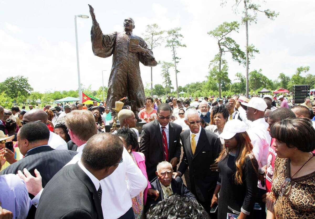 The Black Heritage Society donated a statue of Martin Luther King Jr. to Houston's public art collection. Speakers at the unveiling ceremony Saturday included King's son, Martin Luther King III, and nephew, the Rev. Derek King.