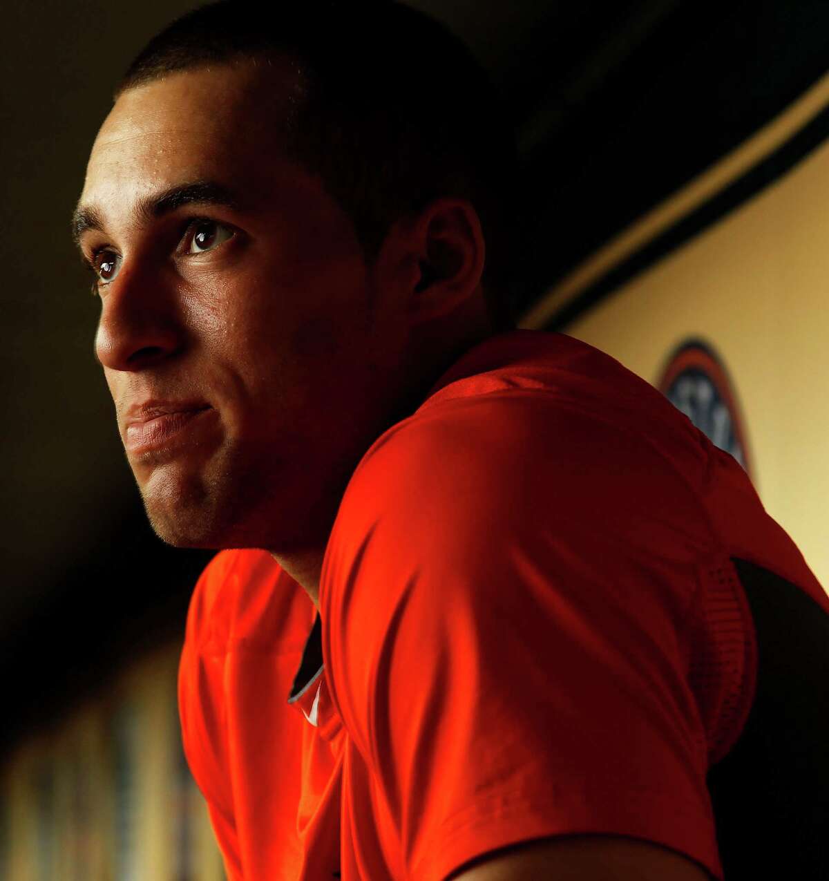 Houston Astros George Springer, who has overcome a childhood stutter, photographed in the Astros dugout, Tuesday, May 13, 2014, in Houston. ( Karen Warren / Houston Chronicle )