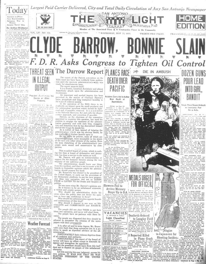 On 23 May 1934, depression-era Texas outlaws Clyde Barrow and Bonnie Parker were killed in a roadside ambush arranged by Texas Ranger Frank Hamer outside of Gibsland, Louisiana. Riddled by some 167