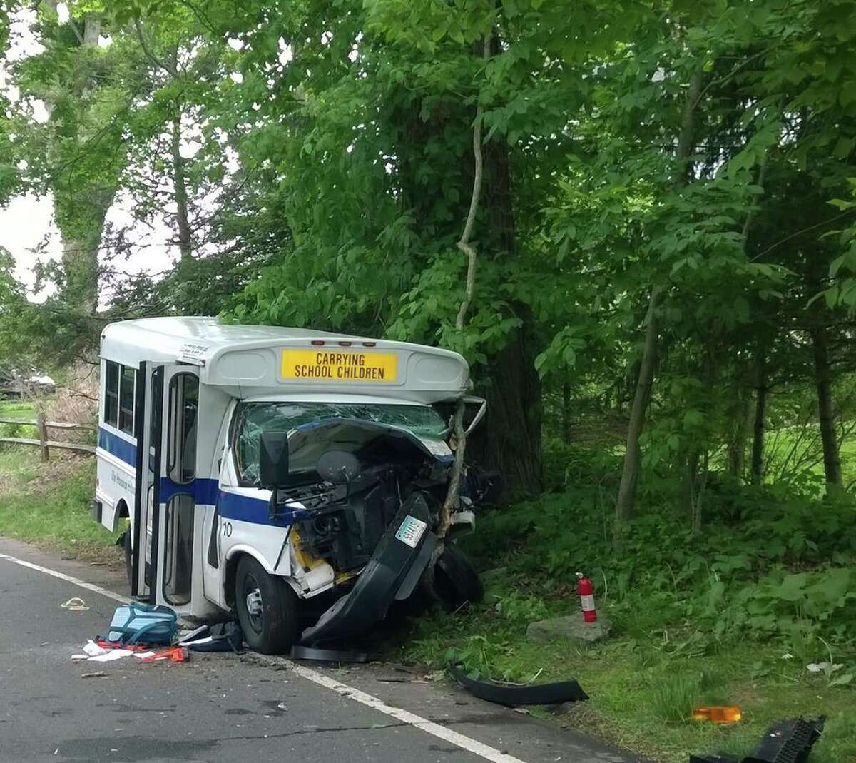 The scene of an accident involving a Stanwich School bus on Stanwich Road in Greenwich, Wednesday afternoon, May 28, 2014. 