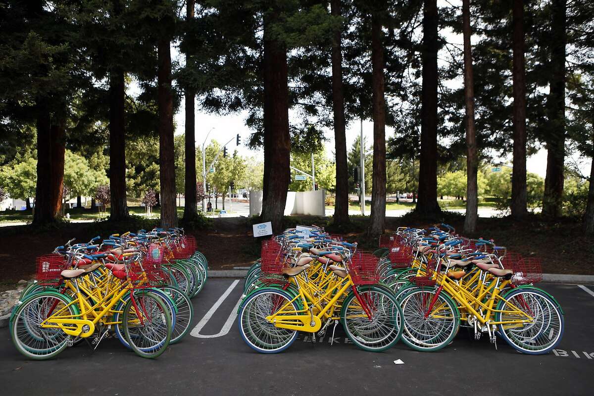 Google bikes are seen parked on the Googleplex campus in Mountain View, CA, Saturday May 24, 2014.