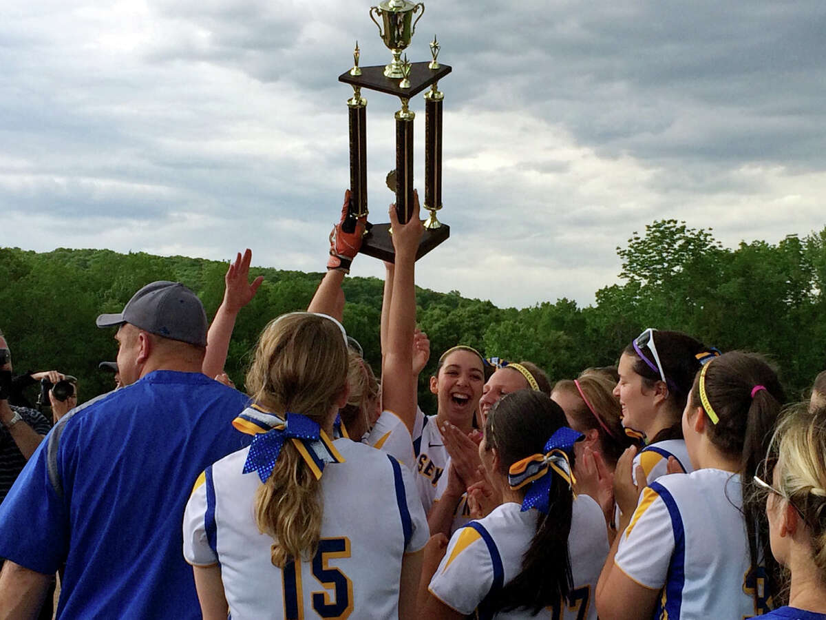 The Seymour High School softball team celebrates their victory over Torrington in the Naugatuck Valley League championship on Friday, May 30, 2014.