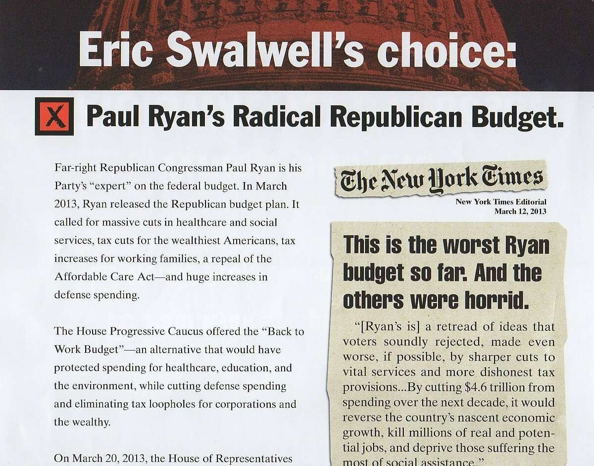 An attack mailer aimed at Rep. Eric Swalwell, D-Dublin, running for re-election in the June 2014 primary. The piece was put out by the campaign for his opponent, Ellen Corbett.