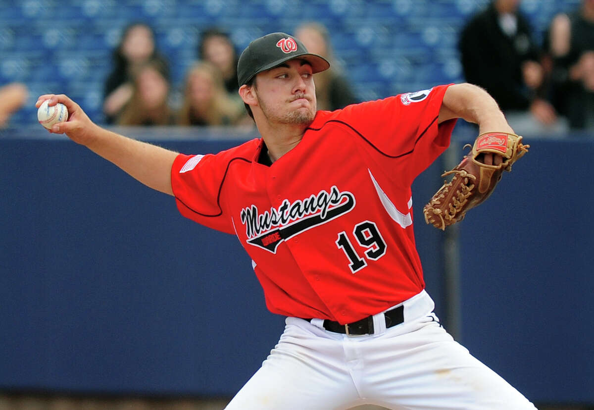 Fairfield Warde's Nick Nardone pitches, during FCIAC Championship baseball action against Trumbull at the Ballpark at Harbor Yard in Bridgeport, Conn. on Saturday May 31, 2014.