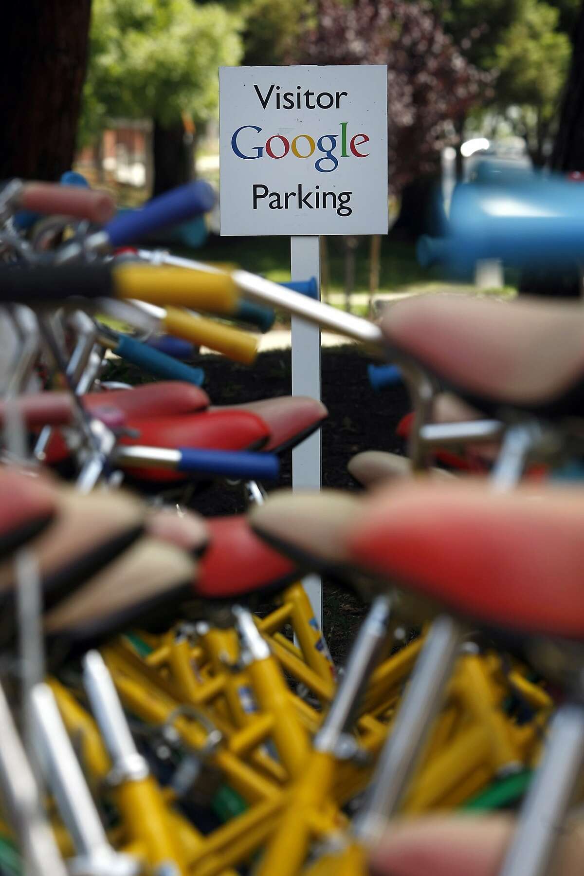 Google bikes are seen parked on the Googleplex campus in Mountain View, CA, Saturday May 24, 2014.