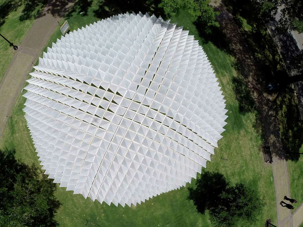 A dome sculpture designed and built by 27 graduate students at the UTSA College of Architecture and seen in a June 2, 2014 erial images taken by a quadcopter is the latest feature to be added to Travis Park since it reopened in March. The public art piece will be on display for three months before being moved to the UTSA campus or another park.