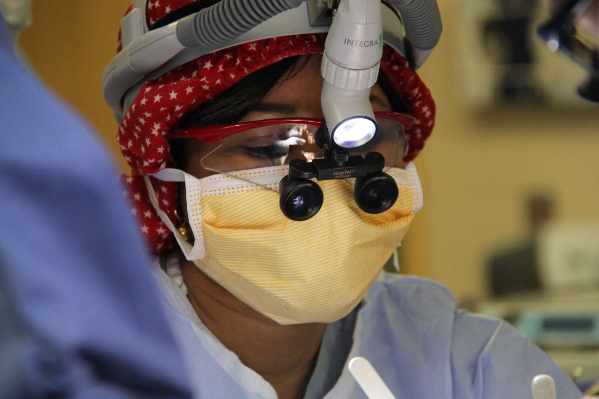 Dr. Oluwaseun Adetayo performing a cranio vault surgery on a toddler. (Albany Medical Center)