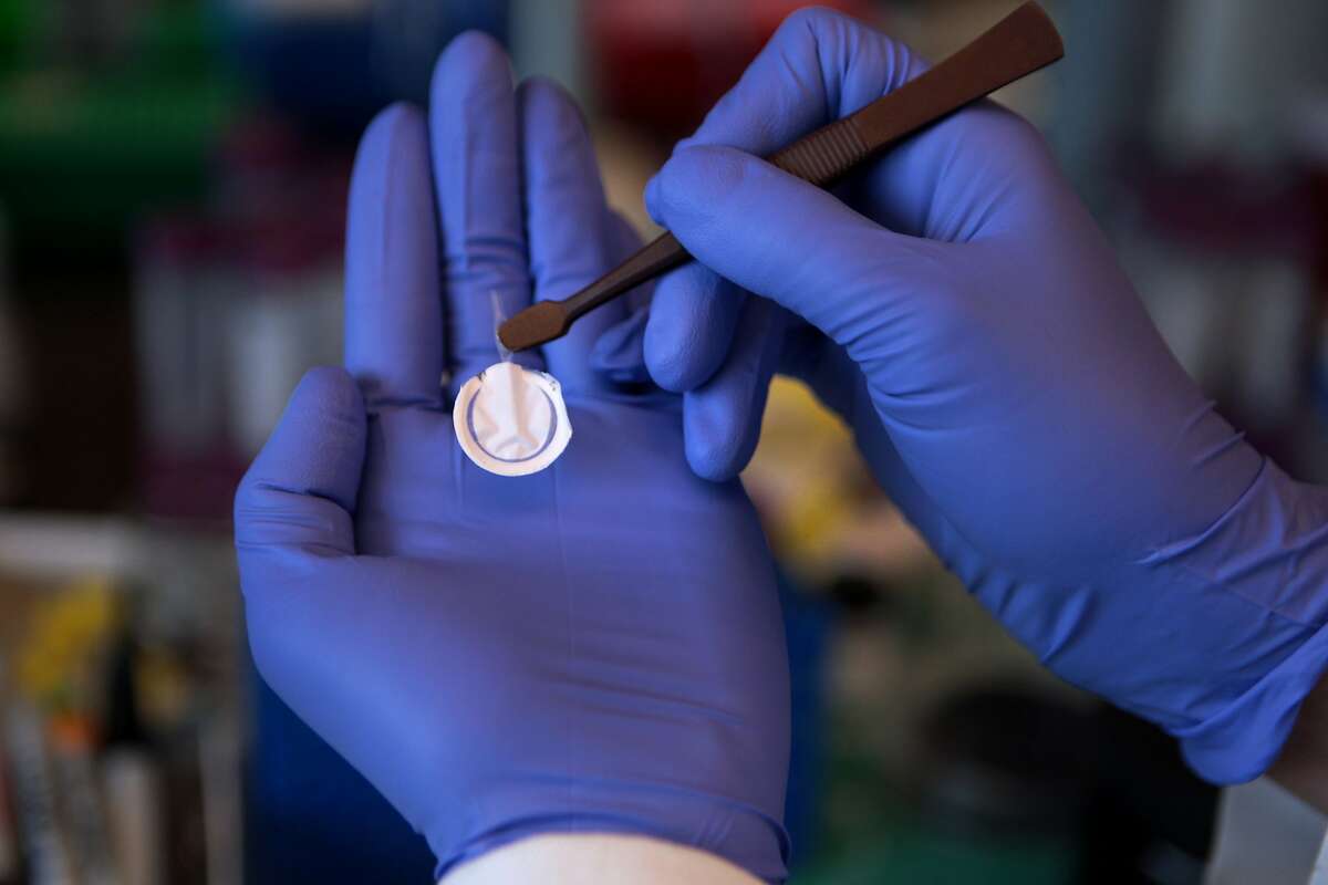 This thin piece of film that acts like a biological system to replace insulin injections for type-1 diabetes is being developed for commercial use in a bioengineering lab at the UCSF Mission Bay Campus on Tuesday, June 3, 2014 in San Francisco, Calif. The film acts like a mini-organ transplant, allowing cells to hide in order to be immuno-isolated so that the body doesn't know they're there. The nanotechnology being developed in the lab is designed to create new ways to deliver medicine to target sites within the body.