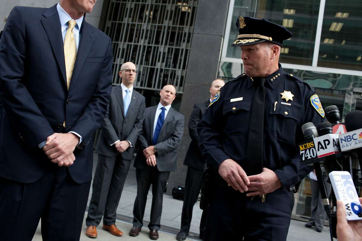 San Francisco Chief of Police Greg Suhr, right, steps away after addressing the press with Special Agent in Charge David Johnson, left, at the Federal Building in San Francisco, Calif. on Tuesday, June 3, 2014 about suspect Ryan Chamberlain, who was arrested in an explosives investigation at San Francisco's Crissy Field on Monday night, June 2, 2014 after a three-day nationwide manhunt.