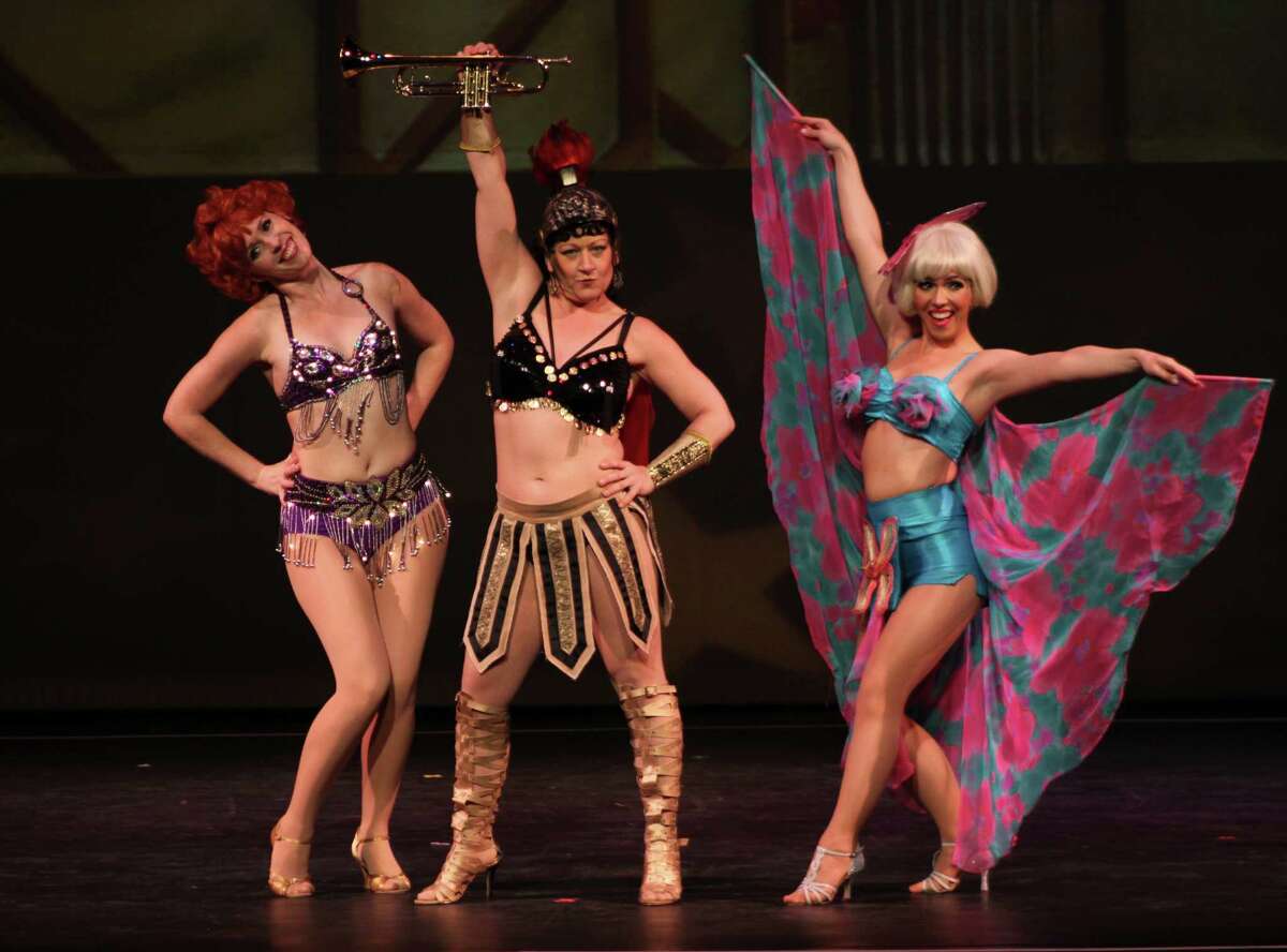 The musical "Gypsy" tells the rise-to-the-top story of striptease artist Gypsy Rose Lee. Seen here in Stamford's Curtain Call theater company's production of the musical are three "seasoned" strippers trying to explain their personal styles to Gypsy. Pictured are Caitlin Roberts, Heidi Giarlo and Sarah Giggar. The show starts on Friday, June 6, 2014.
