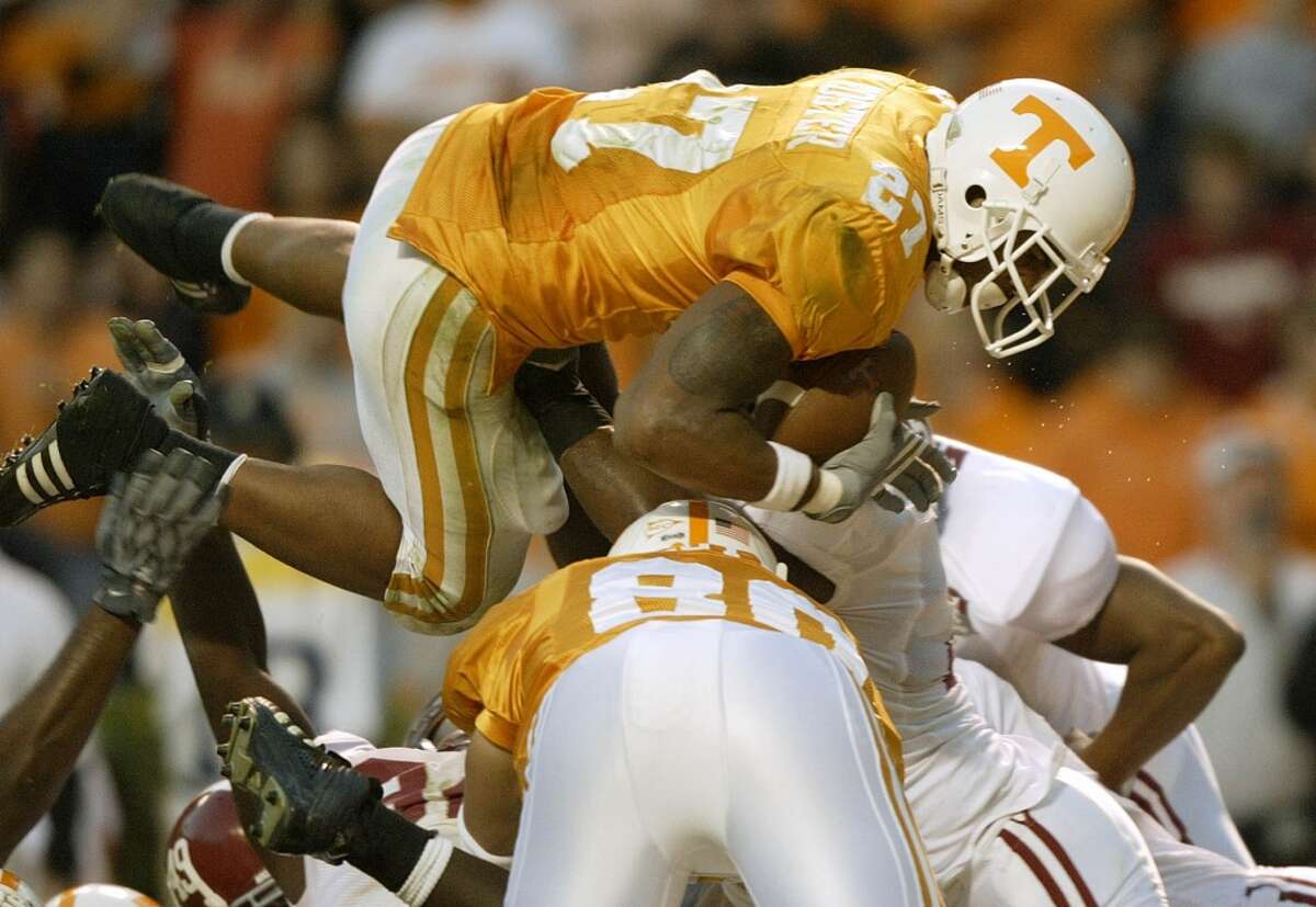 Foster, shown here leaping for a touchdown in 16-13 win over Alabama on Oct. 21, 2006, rushed for 2,964 yards during his four-year career at Tennessee.