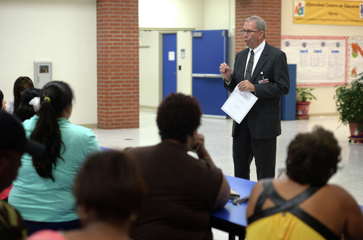 Fred Shafer a TEA conservator addresses a room full of parents Tuesday night regarding special education at BISD. The parents met at Caldwood Elementary and were allowed to meet in group sessions to talk about their children's needs in the district. Photo taken Tuesday, June 03, 2014 Guiseppe Barranco/@spotnewsshooter