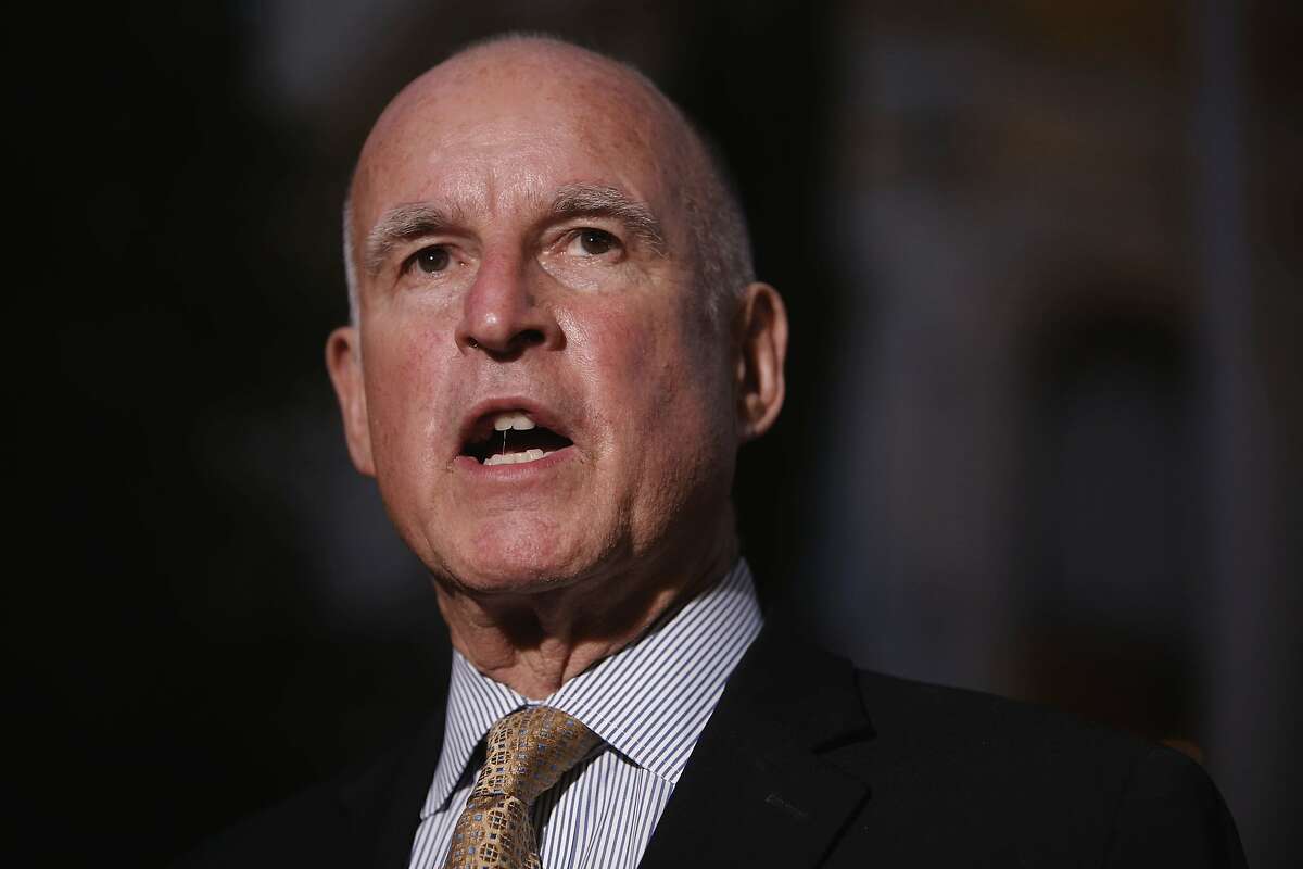 California Governor Jerry Brown speaks to the news media in front of the Governor's Mansion near the State Capitol on Tuesday June 3, 2014, in Sacramento, Calif.
