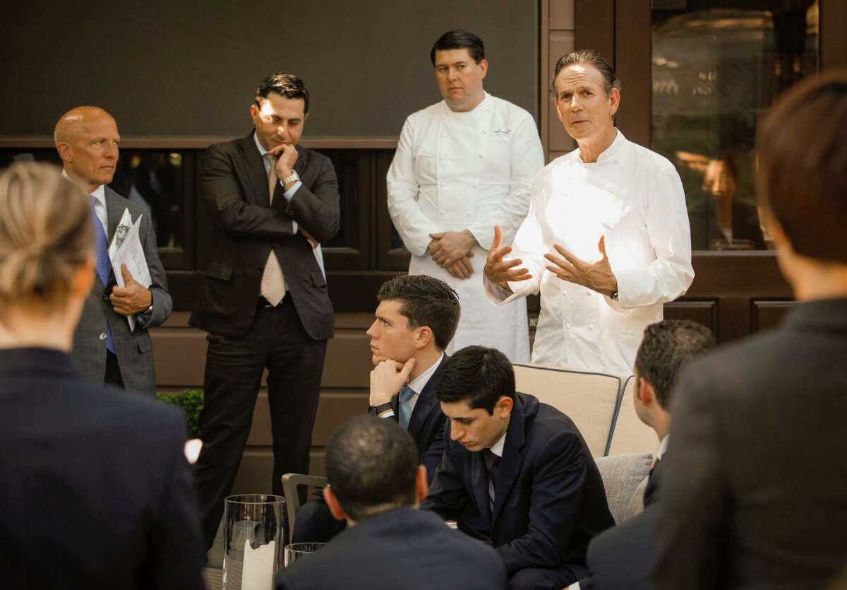 Chef Thomas Keller addresses his staff during the line up at The French Laundry on Wednesday, April 16, 2014 in Yountville, Calif. The staff gathers everyday prior to service to discuss topics such as the menu, the wine list, and the guest list.