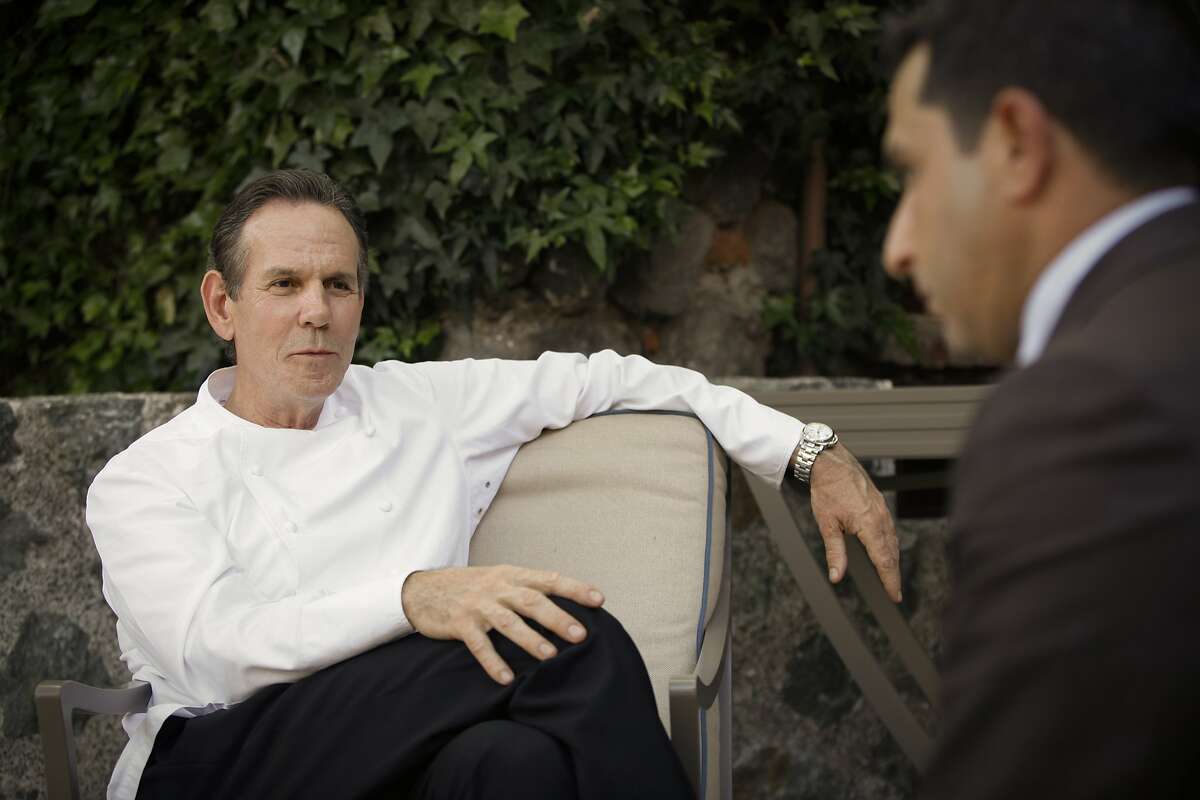 Chef Thomas Keller has a discussion with Michael Minnillo prior to service at The French Laundry on Wednesday, April 16, 2014 in Yountville, Calif.