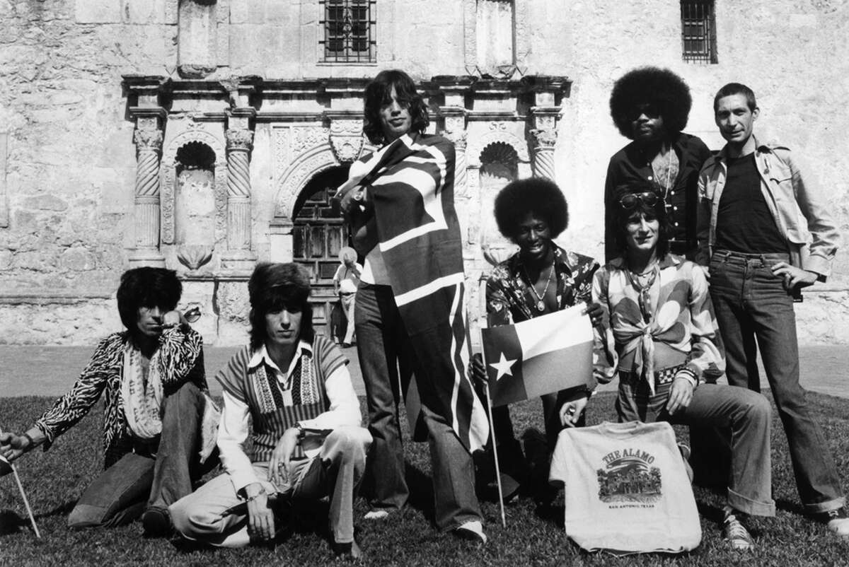 Photo of ROLLING STONES and Keith RICHARDS and Bill WYMAN and Mick JAGGER and Ollie BROWN and Ron WOOD and Billy PRESTON and Charlie WATTS, Posed group portrait at the Alamo - L-R Keith Richard, Billy Wyman, Mick Jagger, Ollie Brown, Ron Wood, Billy Preston and Charlie Watts
