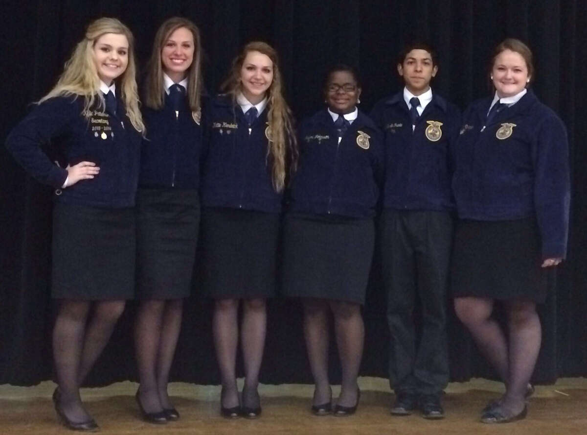 The FFA Alamo District recently elected new officers for the 2014-15 school year. Shown left to right are Kylie Patterson of East Central, president; Kenna Turner, vice president; Katherine Kendrick, secretary; Mallori Johnson, treasurer; David De La Fuente, reporter; and Johnna Pieniazek, also of East Central, sentinel.