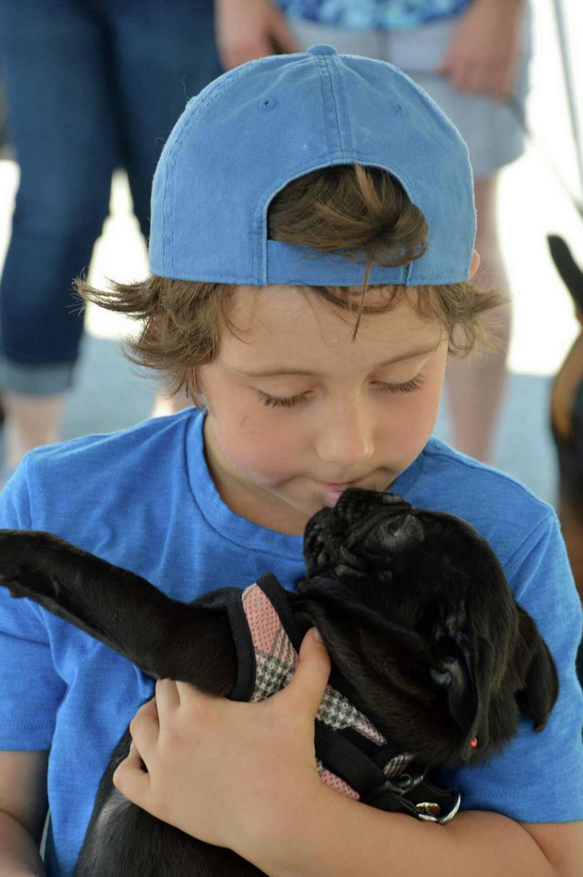 Santino Crudle, 6, of New Canaan, competes in a kissing contest with his dog, Pepa, at the the fifth annual Dog Days festival in downtown New Canaan Sunday, June 8. Jarret Liotta / For the New Canaan News