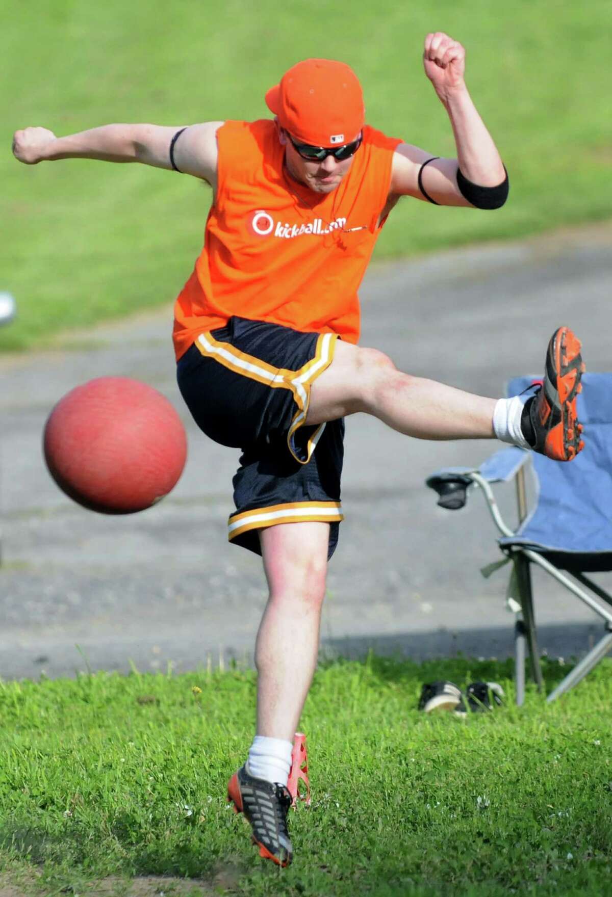 Nick Quaglieri kicks for the Just for Kicks team during a kickball game on Thursday, May 29, 2014, at Hackett Ball Fields in Albany, N.Y. (Cindy Schultz / Times Union)