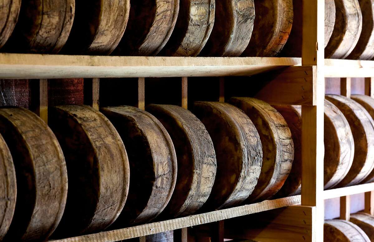 Rounds of Mezzo Secco Dry Monterey Jack are aged six to seven months on wooden racks at the Vella Cheese Co. in Sonoma, Calif. as seen on Tuesday June 10, 2014. The FDA has just issued a statement saying that aging cheeses on wooden boards is "unsanitary."