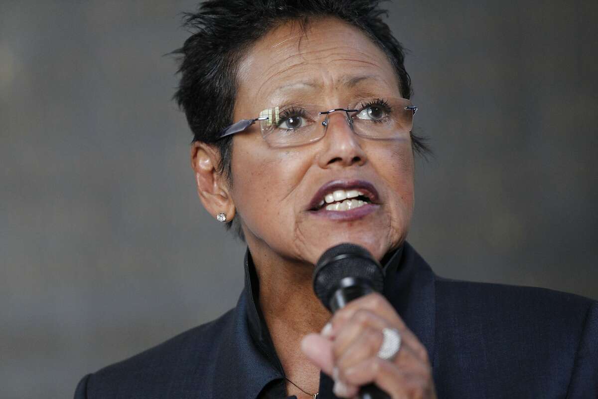 Former Black Panther leader Elaine Brown makes a speech during a protest against an Oakland Planning Commission meeting for the West Oakland Specific Plan held at Oakland City Hall June 11, 2014 in Oakland, Calif. The protest and march, organized by community members, Causa Justa and others, was in response to the plan, which protesters and community members feel will cause mass gentrification of West Oakland.