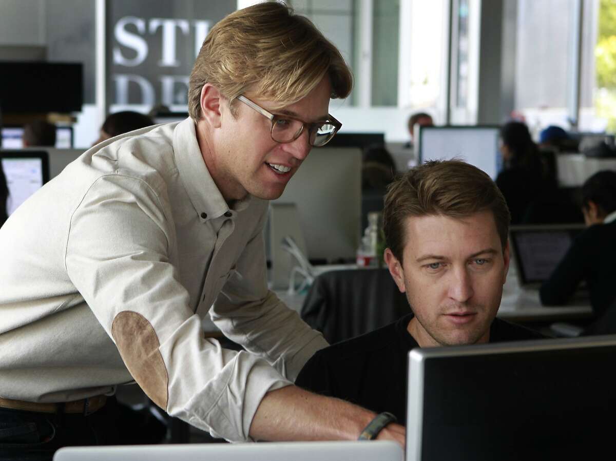 Stride Health co-founders Noah Lang (left) and Matt Butner work on the start-up's website in San Francisco, Calif. on Thursday, June 12, 2014. The team of developers designed a search engine that helps users select customized health care plans in an easy-to-use format.
