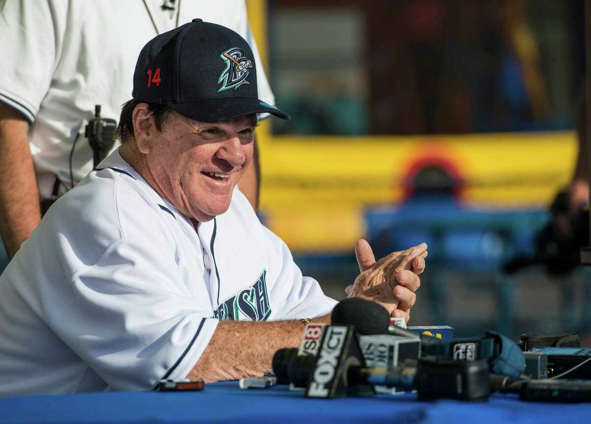 Pete Rose manager of the Bridgeport Bluefish for a game talks to the media prior to a game against the Lancaster Barnstormers at the Ballpark at Harbor Yard on Monday, June 16th, 2014