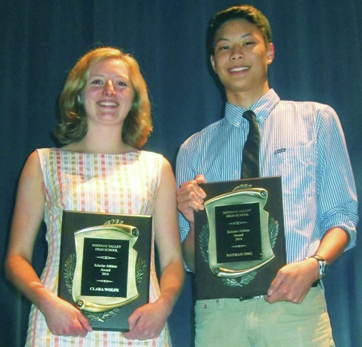 Recognized during Shepaug Valley High School's annual athletic awards ceremony as the school's top scholar-athletes were Clara Wolfe and Nathan Ong, June 6, 2014 at the school in Washington. Clara and Nathan were later honored as the top Spartan female and male athletes over the past four years.