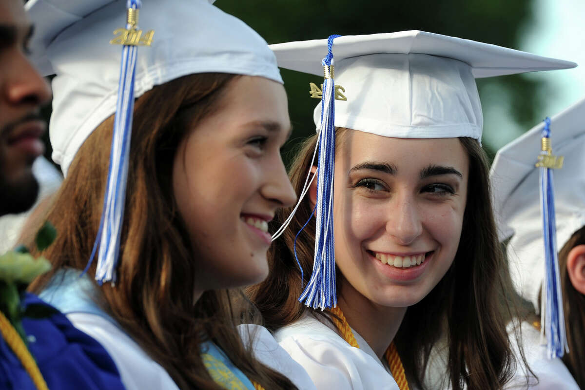 Graduates Katarina Sokol, left, and Priscilla Mahar enjoy commencement for the Frank Scott Bunnell High School Class of 2014, in Stratford, Conn. June 18, 2014.