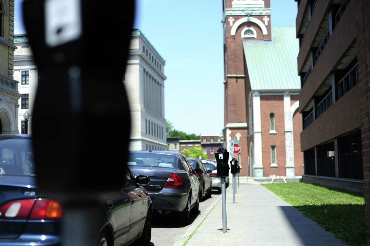 A view of individual parking meters along Lodge St. seen here on Tuesday, June 3, 2014, in Albany, N.Y. (Paul Buckowski / Times Union)