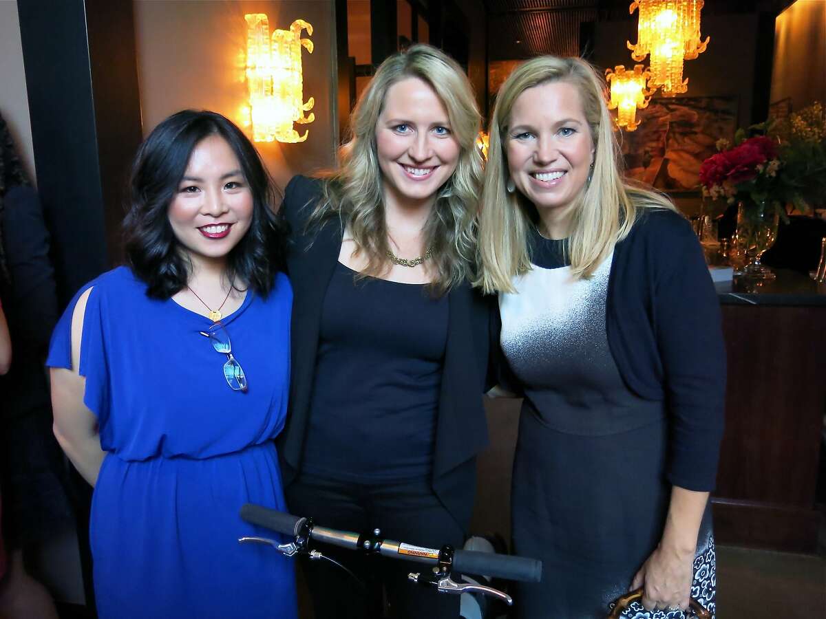 Elle Magazine Top Tech Women honorees (from left) Grace Woo, Danae Ringelmann and Jessica Livingston at Quince Restaurant. June 2014. By Catherine Bigelow.