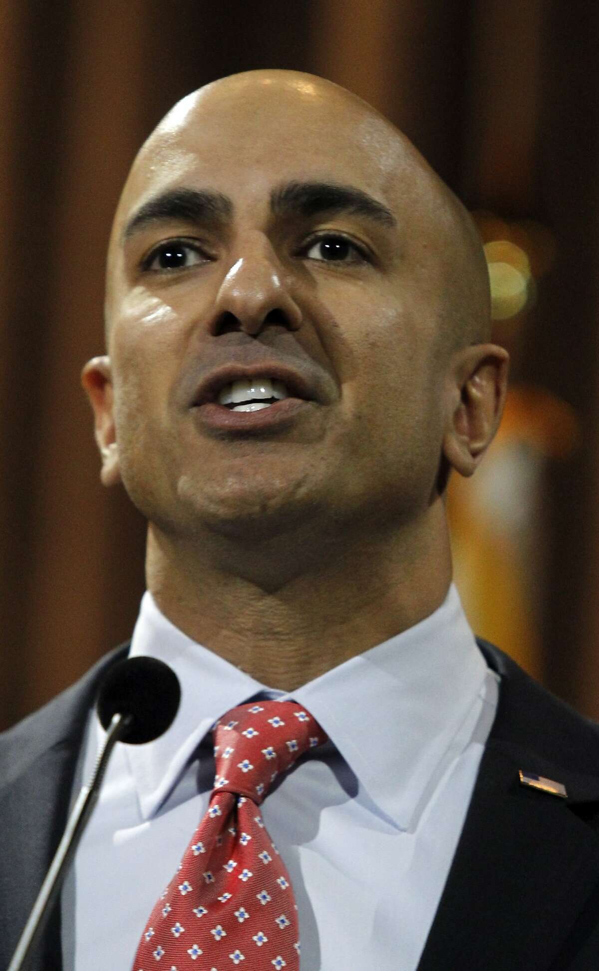 California Republican gubernatorial candidate Neel Kashkari speaks at a news conference on Wednesday, June 4, 2014, in the Corona Del Mar area of Newport Beach, Calif. Kashkari won his party's primary, advancing to the general election to face Gov. Jerry Brown in November 2014. (AP Photo/Alex Gallardo)