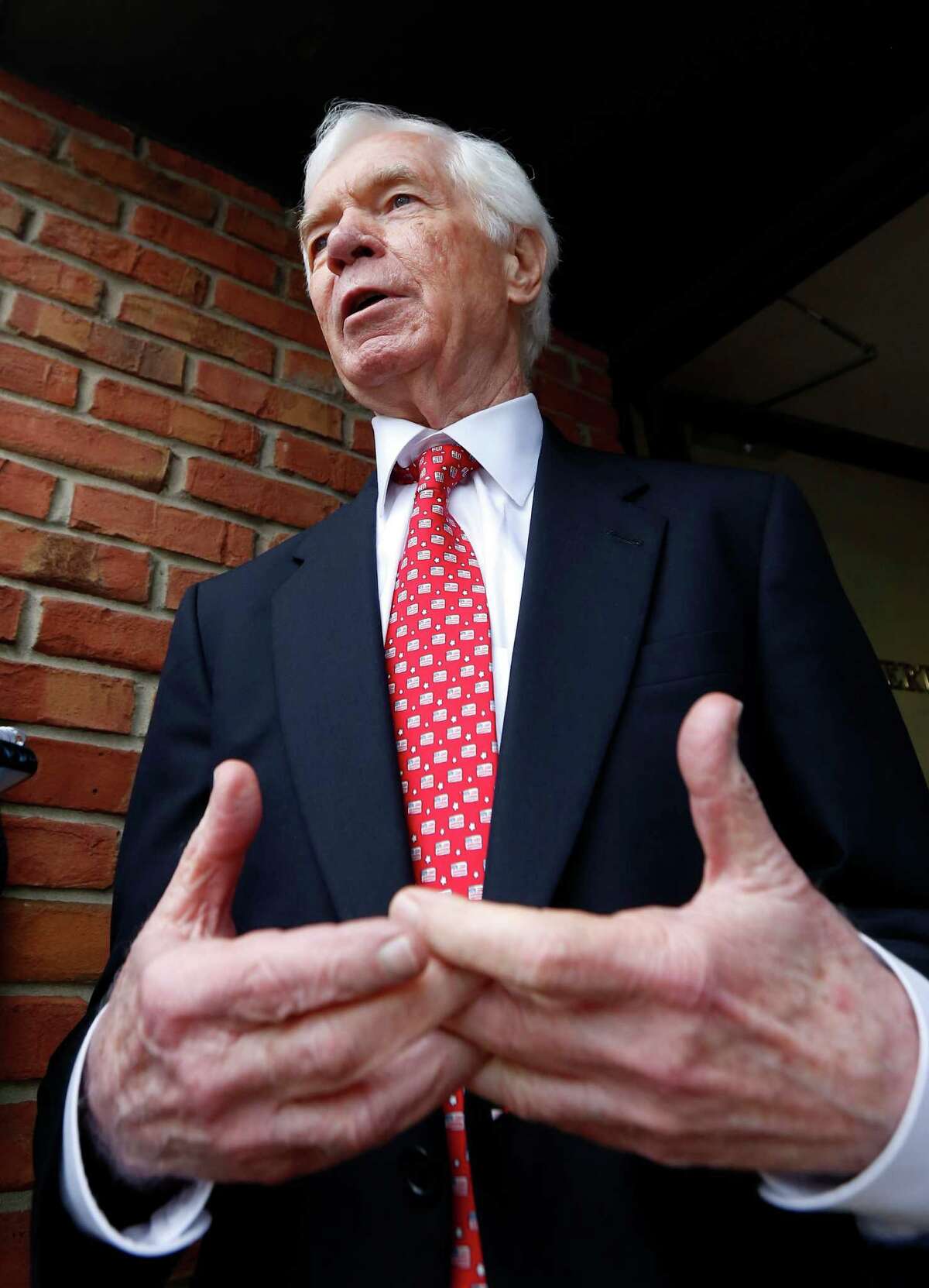 U.S. Sen. Thad Cochran, R-Miss., speaks with a reporter at his Canton, Miss., headquarters, Tuesday, June 24, 2014. Cochran is in the Republican primary runoff election against state Sen. Chris McDaniel on Tuesday. (AP Photo/Rogelio V. Solis) ORG XMIT: MSRS110